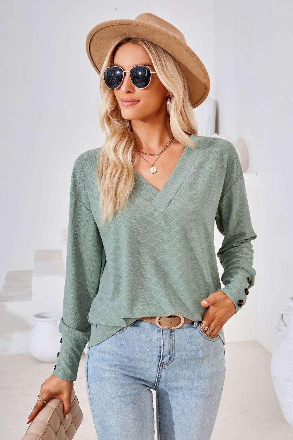 V - Neck Long Sleeve Blouse - VILLA FASHION